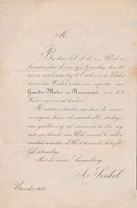 712053 Brief, met de aankondiging van ‘eene expositie van Grandes Modes en Nouveautés’, van A. Sinkel, Magazijnen van ...